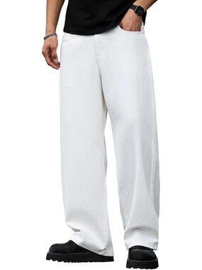 Men's White Wide Leg Loose Fit Hip Hop Streetwear Casual Denim Pants Baggy Jeans